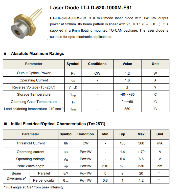 1PCS 520nm 1000mW Green Multimode Laser Diode