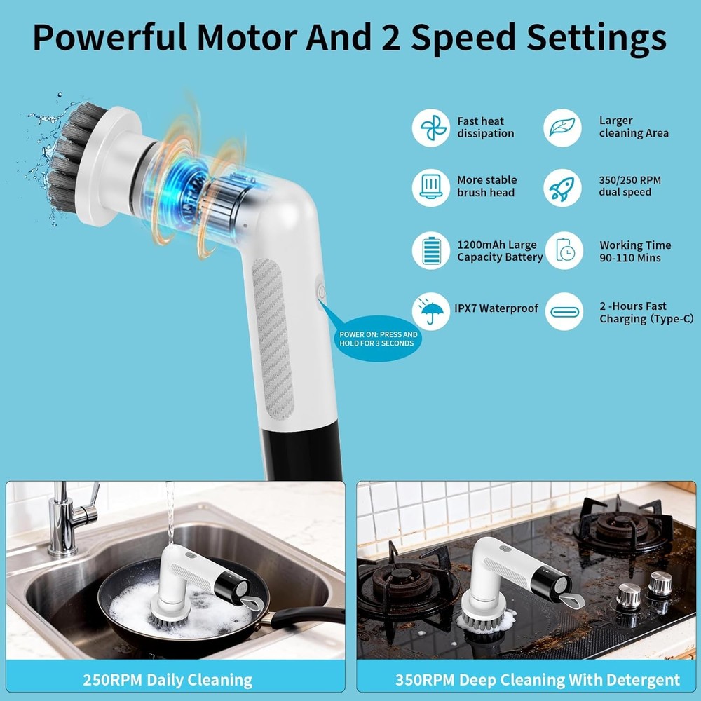 Electric Dish Scrubber, Mini Cordless Kitchen Cleaning Brush with 4 Replaceable