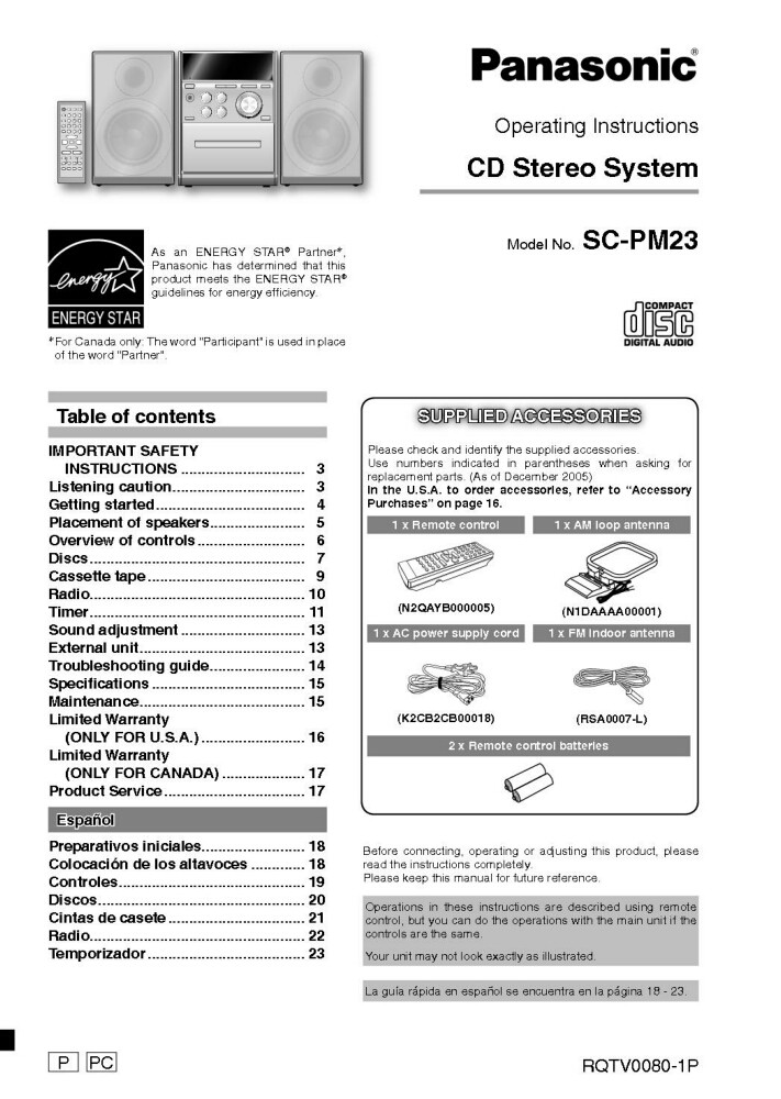Panasonic SA-PM23 CD Stereo System Owners Instruction Manual