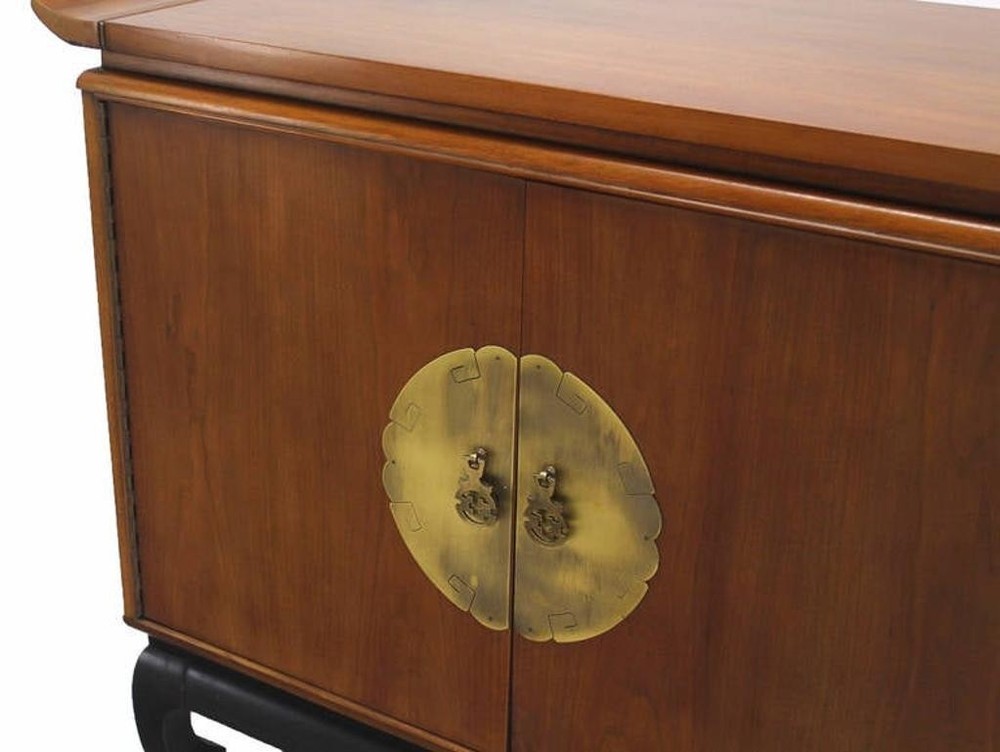 Oriental Mid Century Modern Black Lacquer Base Modern Walnut Server Cabinet MINT