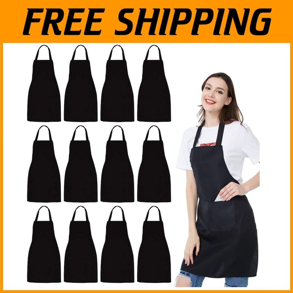 Bulk Bib Aprons 12 Pack - Black Kitchen Aprons with Pockets