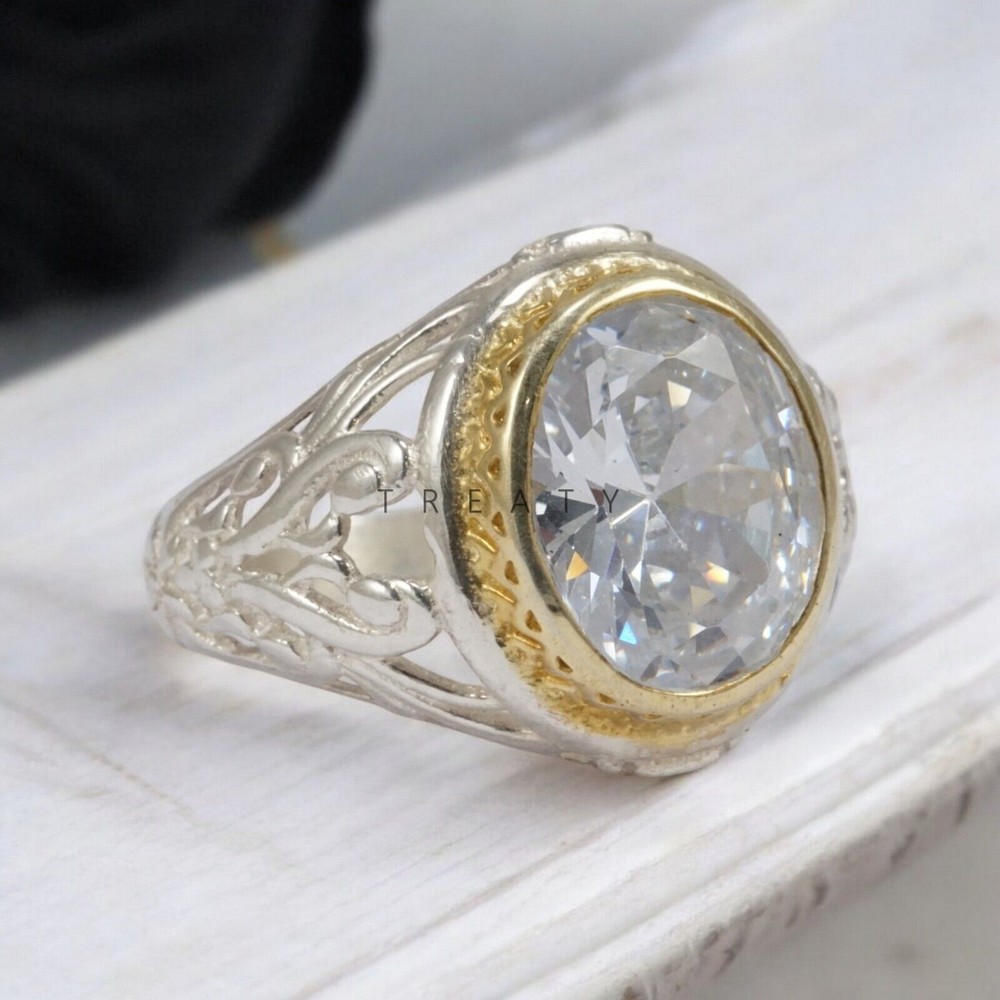 Moissanite Oval Cut Gemstone With 14K Solid White Gold Ring For Men's #A7