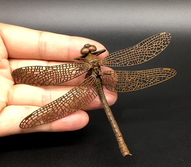 Old Brass Dragonfly Statue Insect Figurine Netsuke Craft Decor Collection