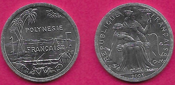 FRENCH POLYNESIA 1 FRANC 2003 UNC WITH I.E.O.M,LIBERTY SEATED ON THRONE,FACING L