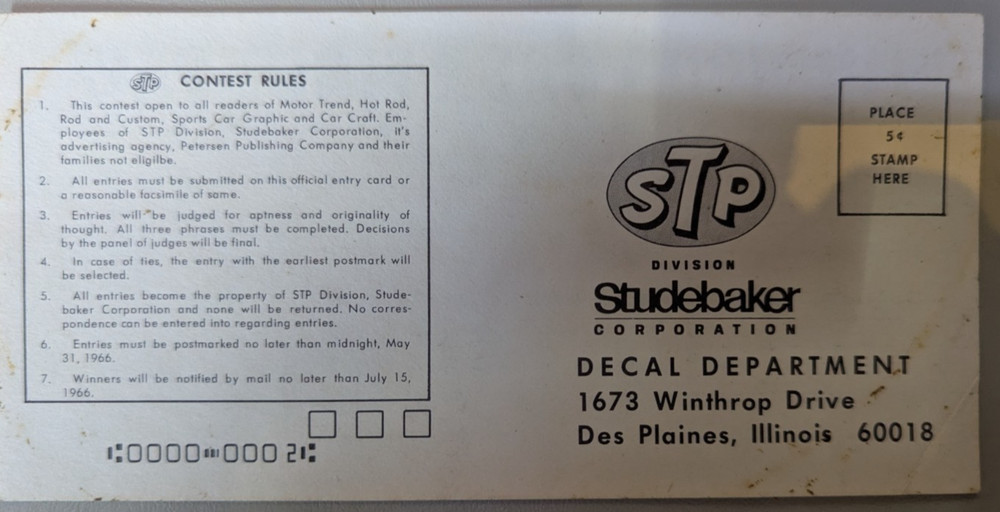 Studebaker STP Contest Postcard