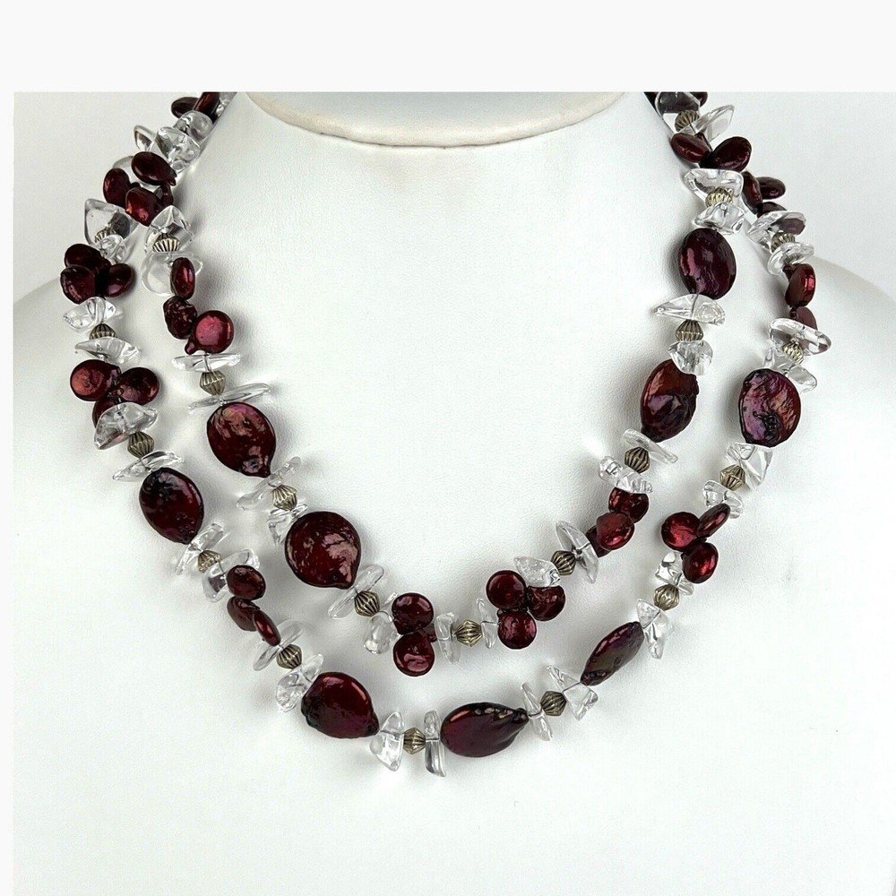 Artisan Beaded Boho Necklace Double Strand Quartz Dyed Red Shell Statement