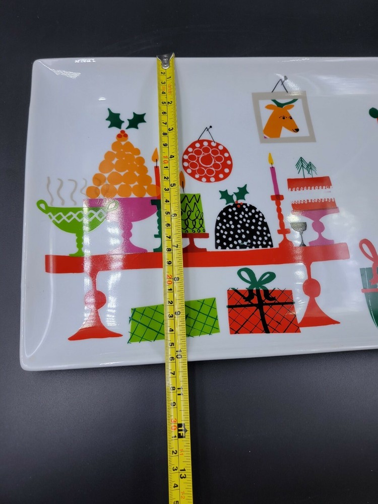 CRATE & BARREL Jenny Bowers Rectangular Christmas Serving Platter Santa Gift