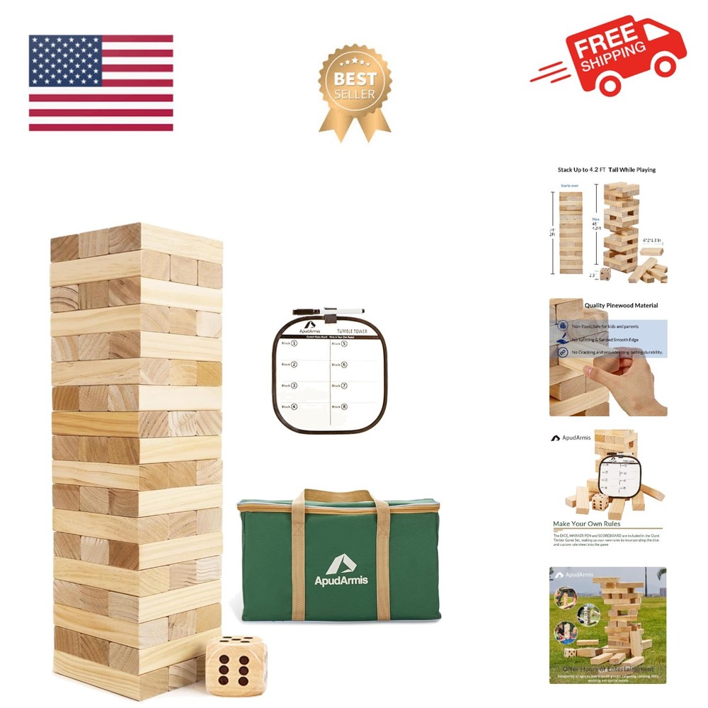 Giant Tumble Tower Stack from 2Ft to Over 4.2Ft, 54 PCS Pine Wooden Stacking ...