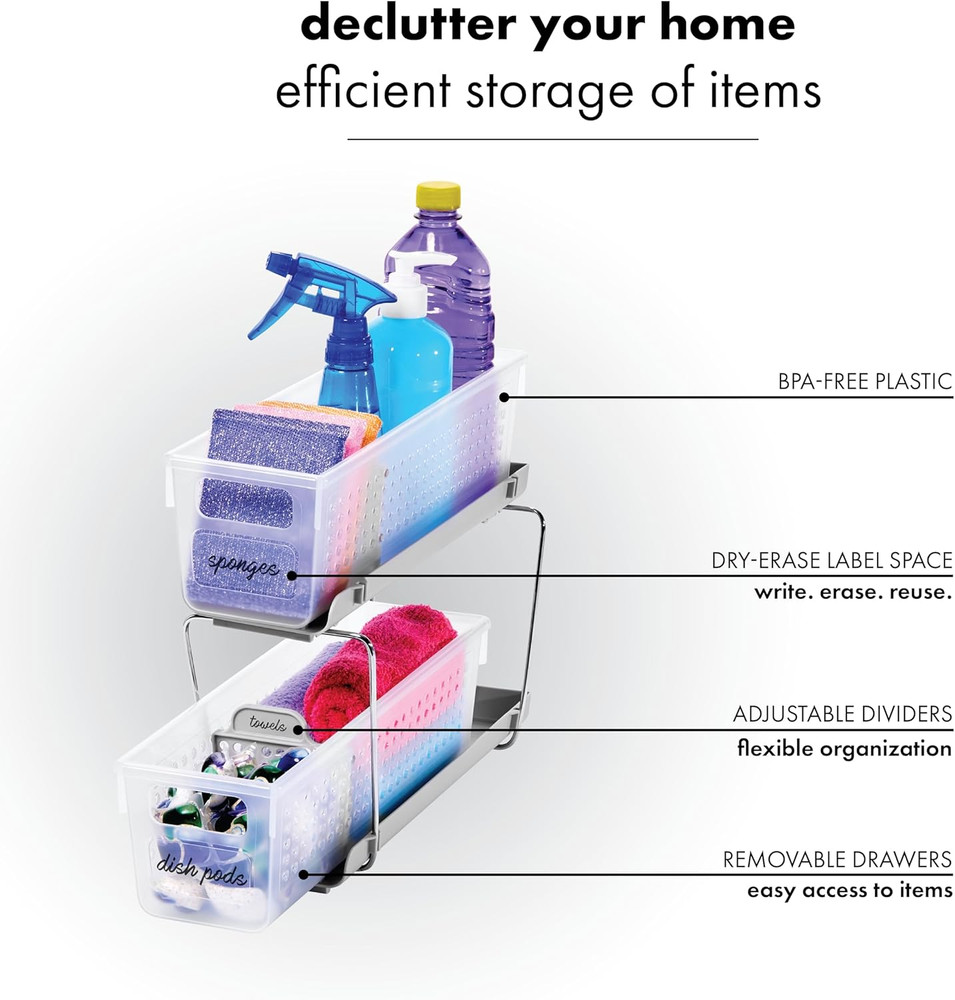 2-Tier Plastic Mini Multipurpose Organizer with Divided Slide-Out Storage Bins,
