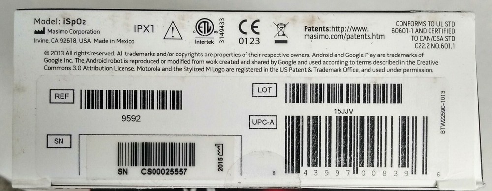 iSpO2 Pulse Oximeter w Lightning Connector for Android Device - Large Sensor