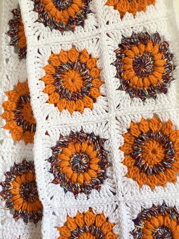 Crochet Table Runner White Orange & Multicolor Sunburst
