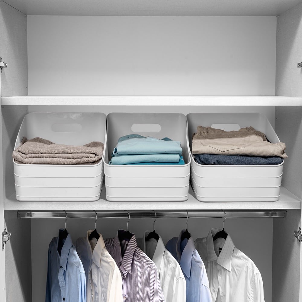 Wide Plastic Slanted Closet Organizer Bin W/ Handle Arctic White
