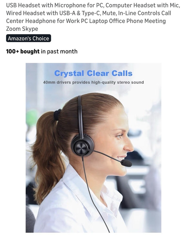 USB Headset with Microphone Wired PC Headphones USB-A USB-C Controls