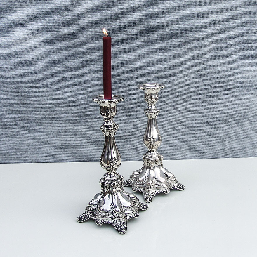 Repousse Fruit Wreath Large Candlesticks Pair 800 Standard Silver