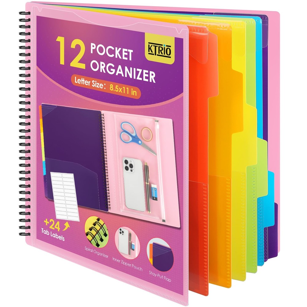 12 Pocket Poly Project Organizer, Spiral Binder Organizer Multi Pocket Folder...