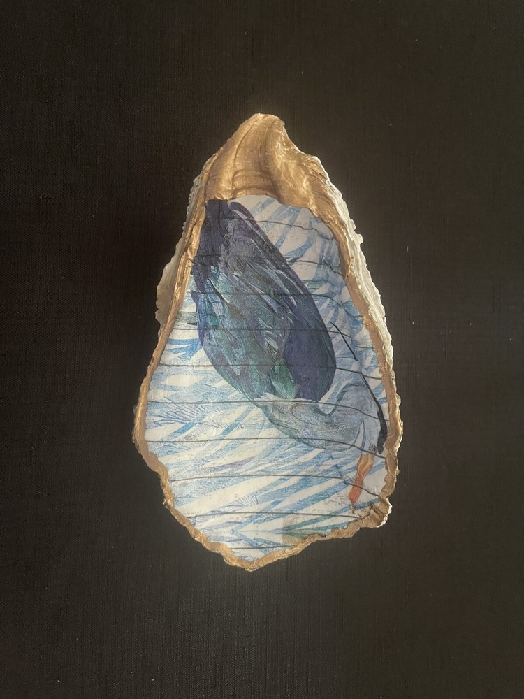 Decoupaged Blue Heron Oyster Shell Trinket Ring Dish