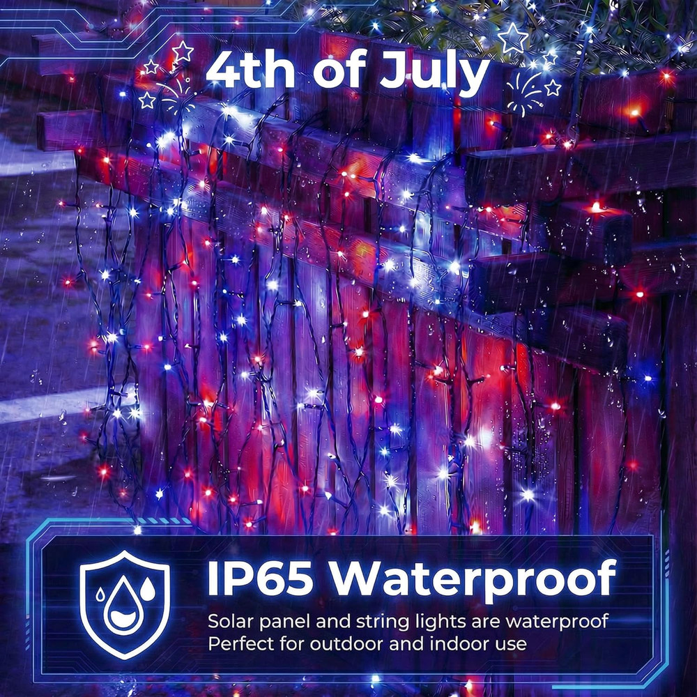 Solar Red White Blue String Lights 46FT 120LED Patriotic Light with 8 Modes Wate
