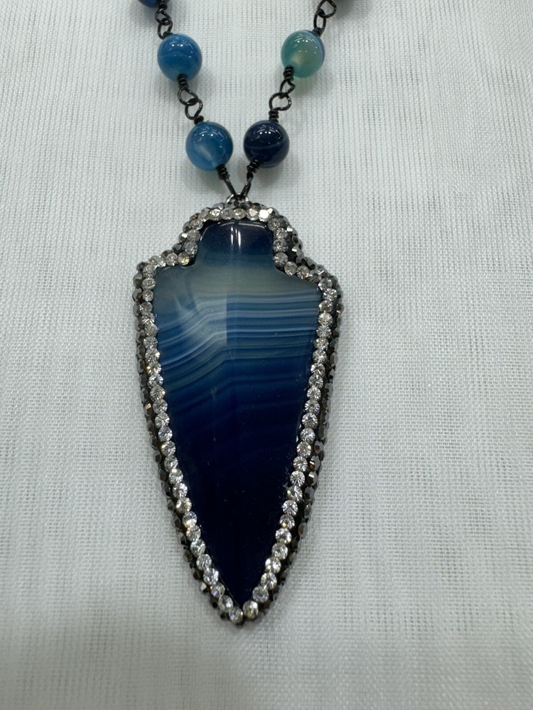 Handmade Unique 15” ~ 17” Adjustable Necklace with Blue Agate, Crystals