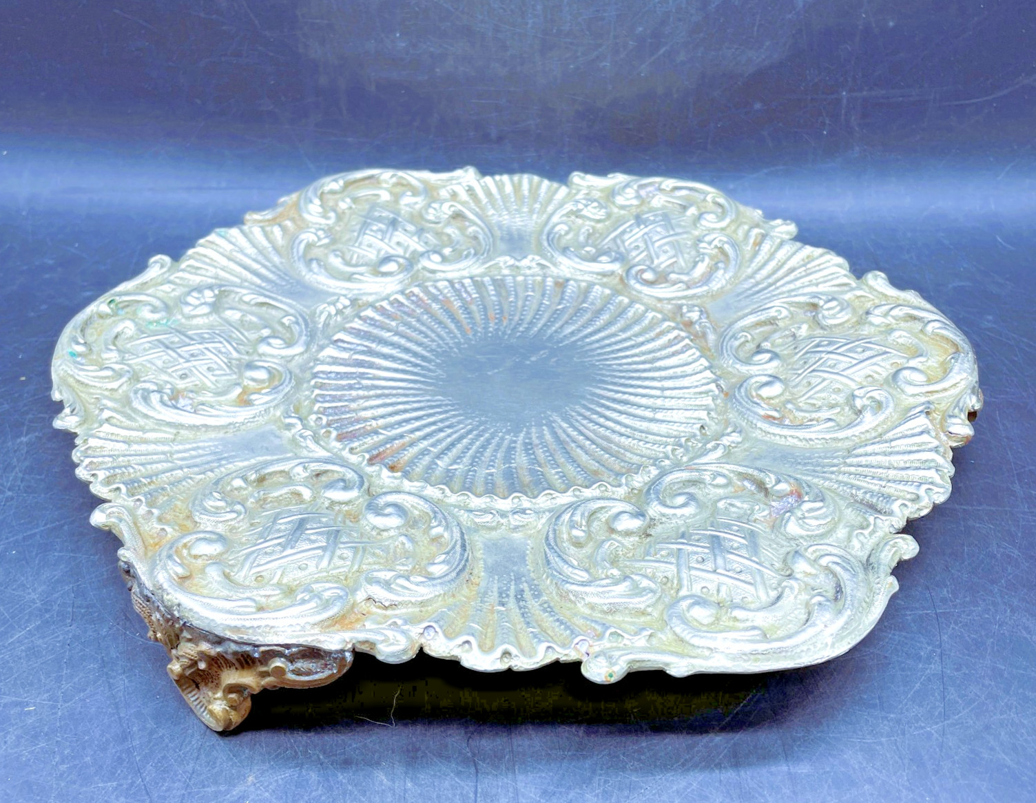 Antique Silver Plate Footed Plateau Stand Tray Ornate Edge, Display