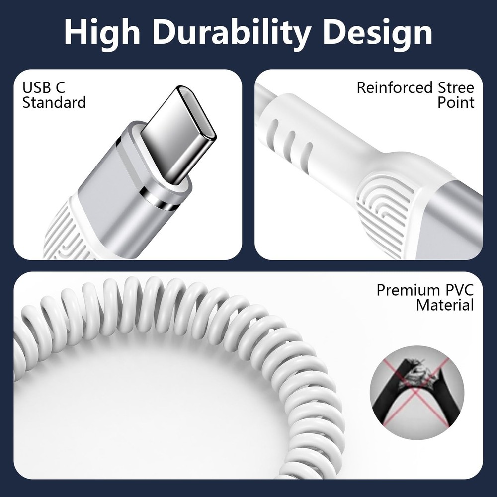 3FT Coiled USB C Cable for iPhone 17 Pro Max/16, [White] A to 3 ft, White