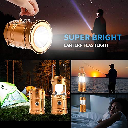 LED Camping Lantern, Solar and Rechargeable Lantern Flashlight Collapsible Gold