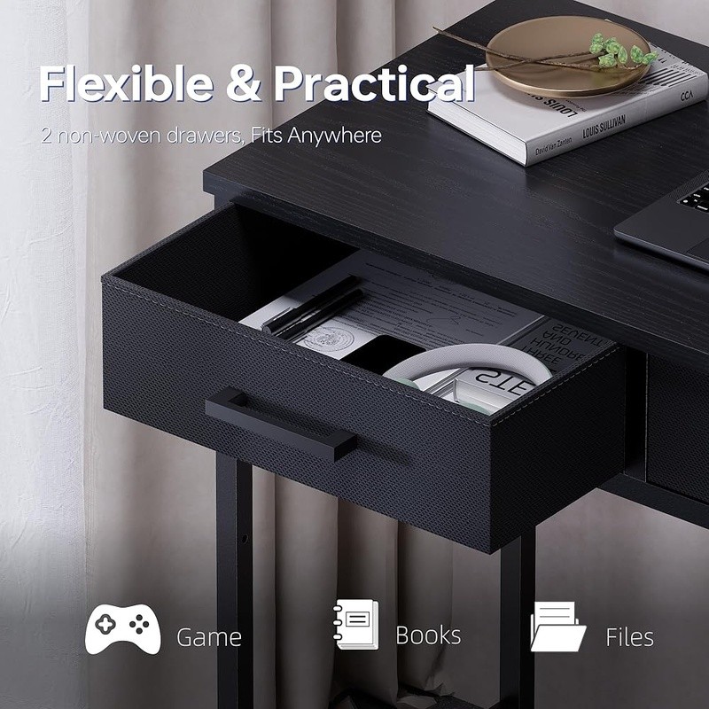 Compact Computer Desk W/ Storage Drawers Small Spaces Home Office Study Black