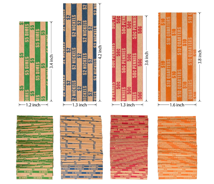 ESSENTIAL 100 pcs Assorted Packed Flat Stripped Coin Wrappers, Coin Rolls Wrappe