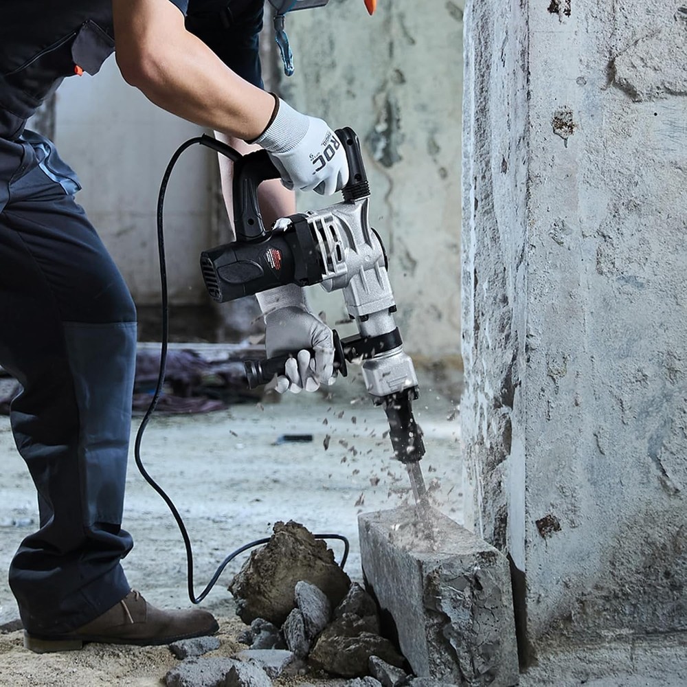 Heavy Duty 1400W Jackhammer with Shock Absorbing Handle & 2 Chisel Bits Included