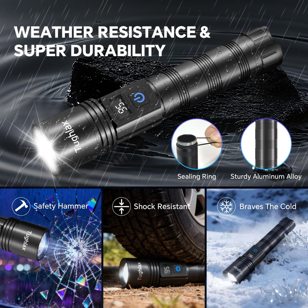 Tughlax LED Rechargeable Flashlights 9900 High Lumens 2Pack, 2 Pack, Black