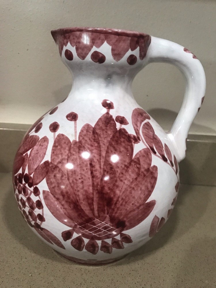 Beautiful Burgandy &  White Ceramic Country Pitcher