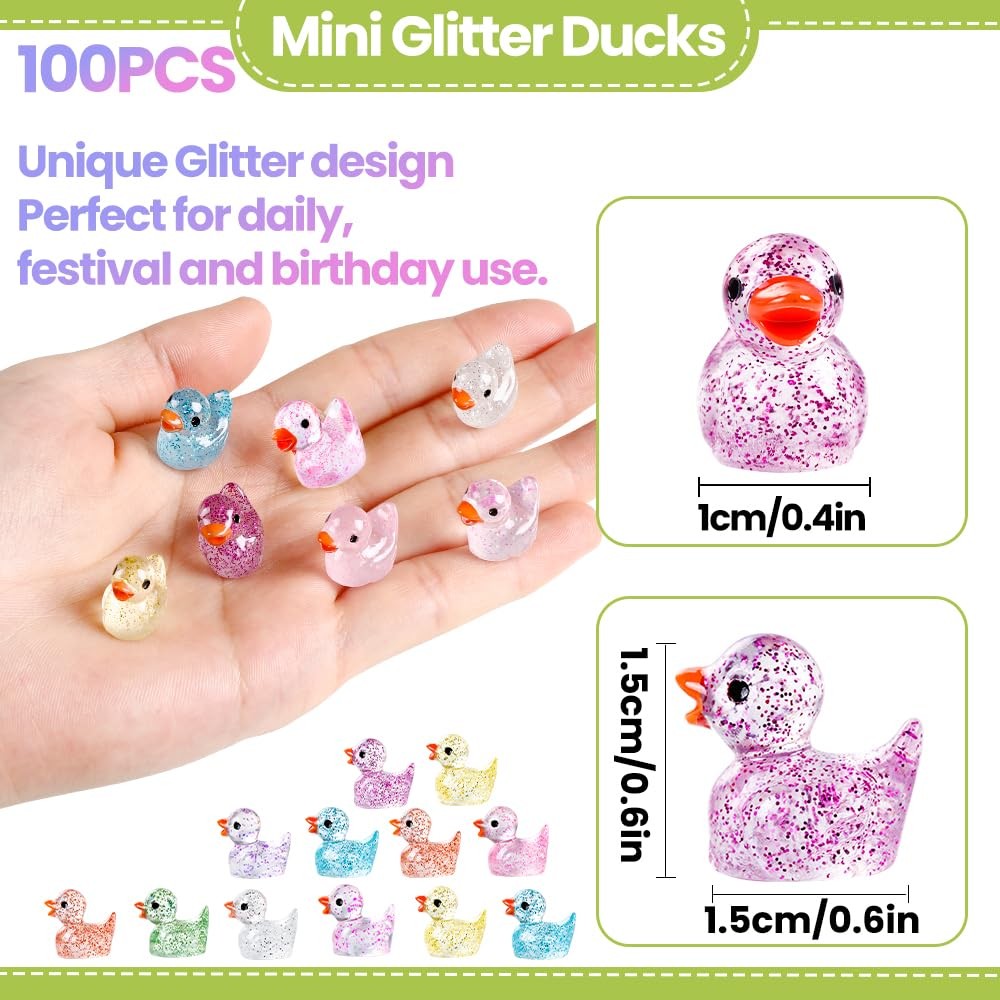 DULEFUN 100pcs Mini Glitter Ducks Colorful Tiny Small Small, Multiple Colors