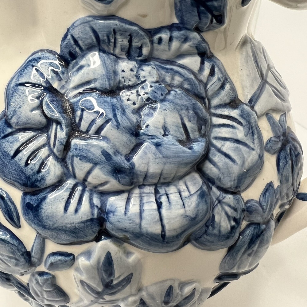 Blue & White Ceramic Pitcher Raised Floral Flowers Fruit