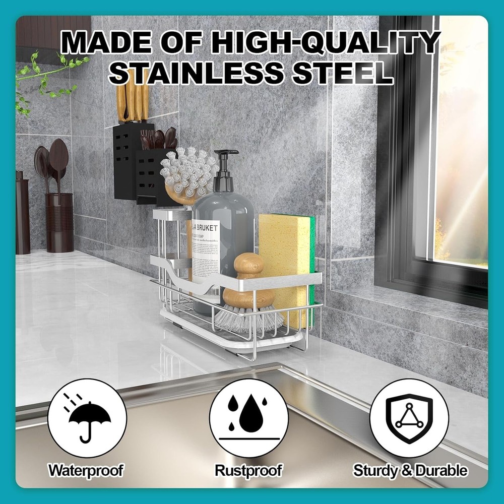 Rustproof Kitchen Sink Organizer and Sponge Caddy with Detachable Brush HolderSF