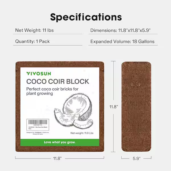 11 lbs. Organic Compressed Coco Coir Brick Coconut Fiber