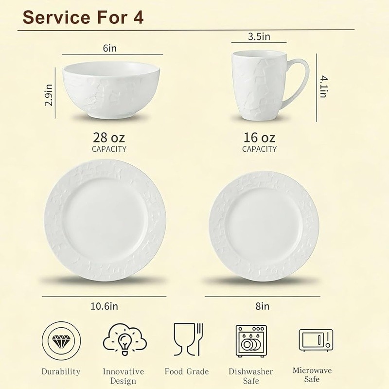 16 Piece Bone China Dinnerware Set Elegant Embossed Design Dining Table New