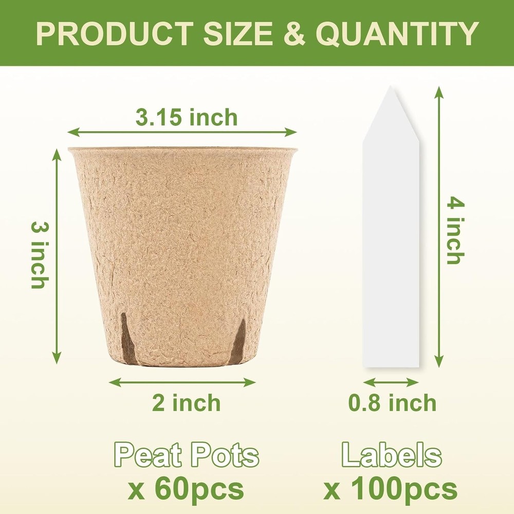 60 Pack 3.15" Peat Pots Biodegradable Seed Starter w/ Plant Labels