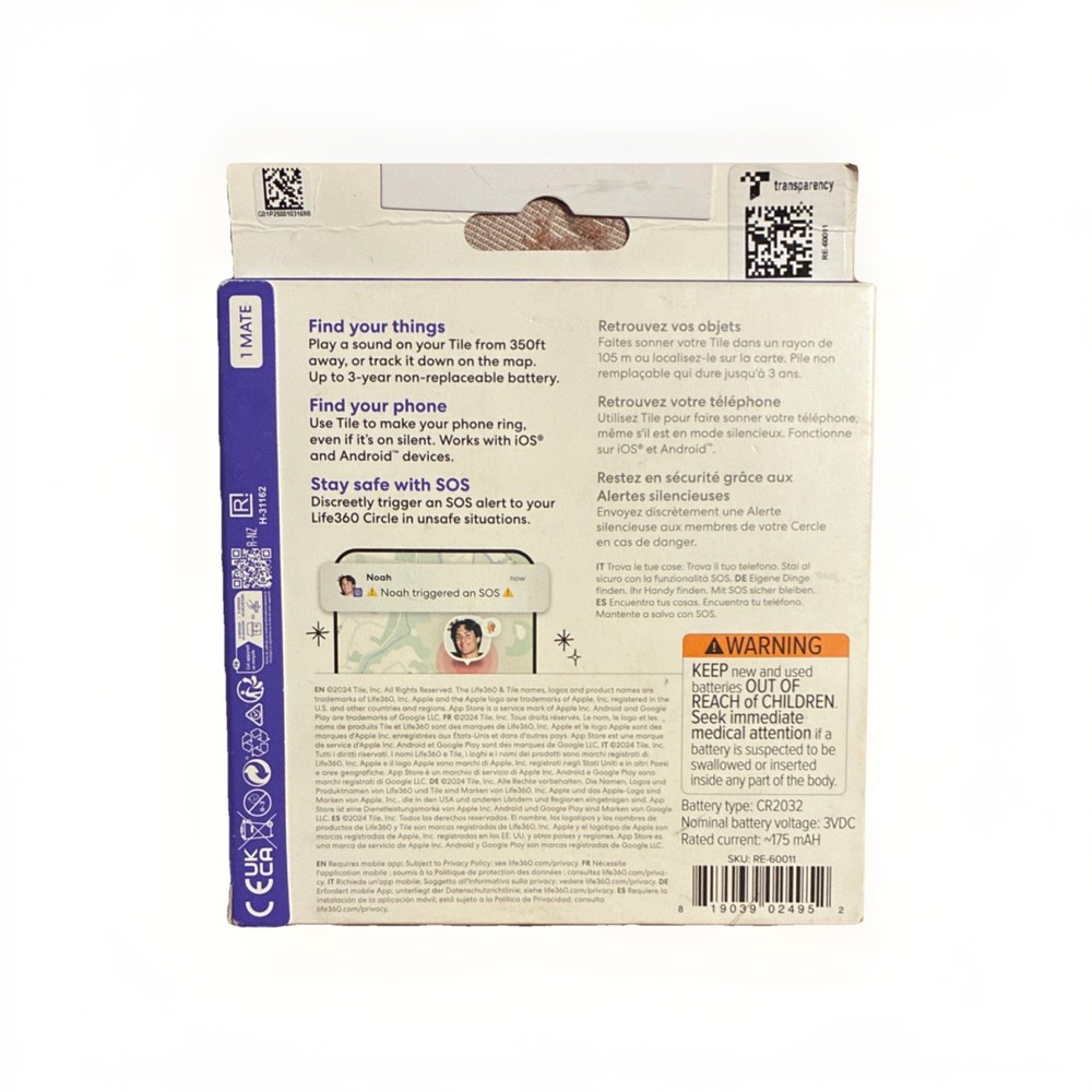 Tile Mate Bluetooth Tracking Device Key Finder Model RE-60021-E