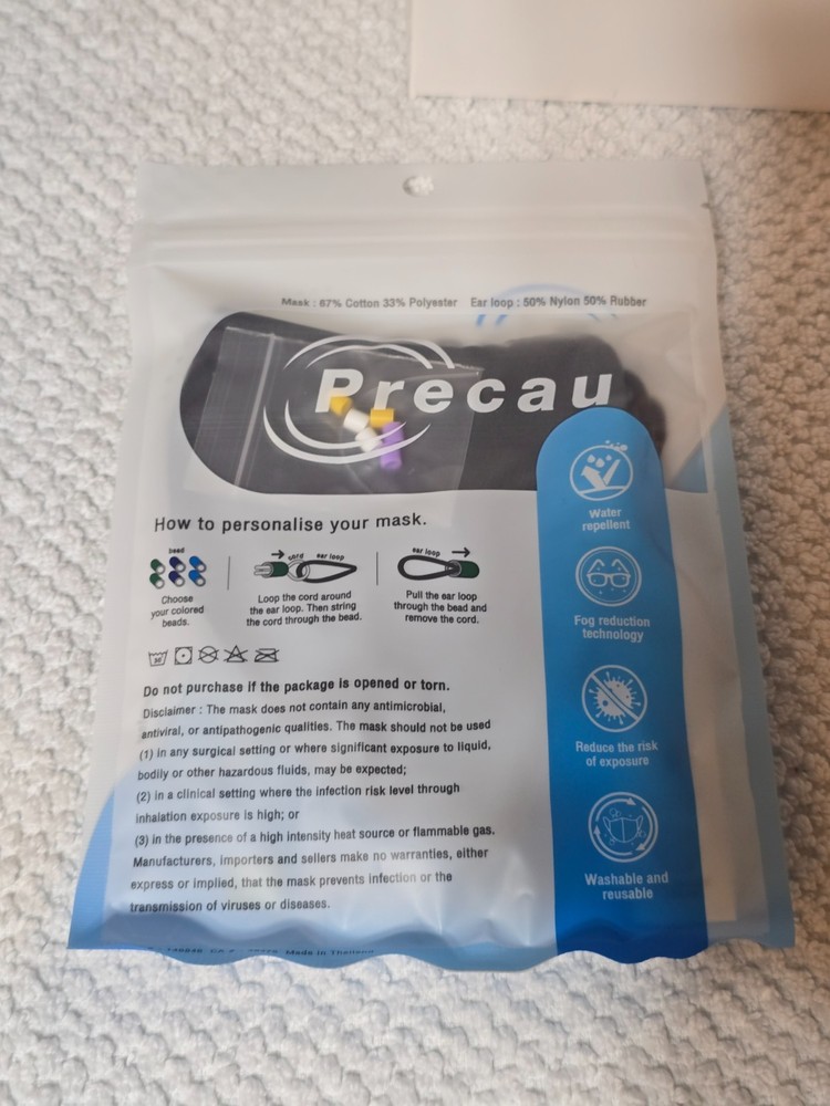 Precau Protective Face Mask 25 Pack, Adjustable Breathable Reusable