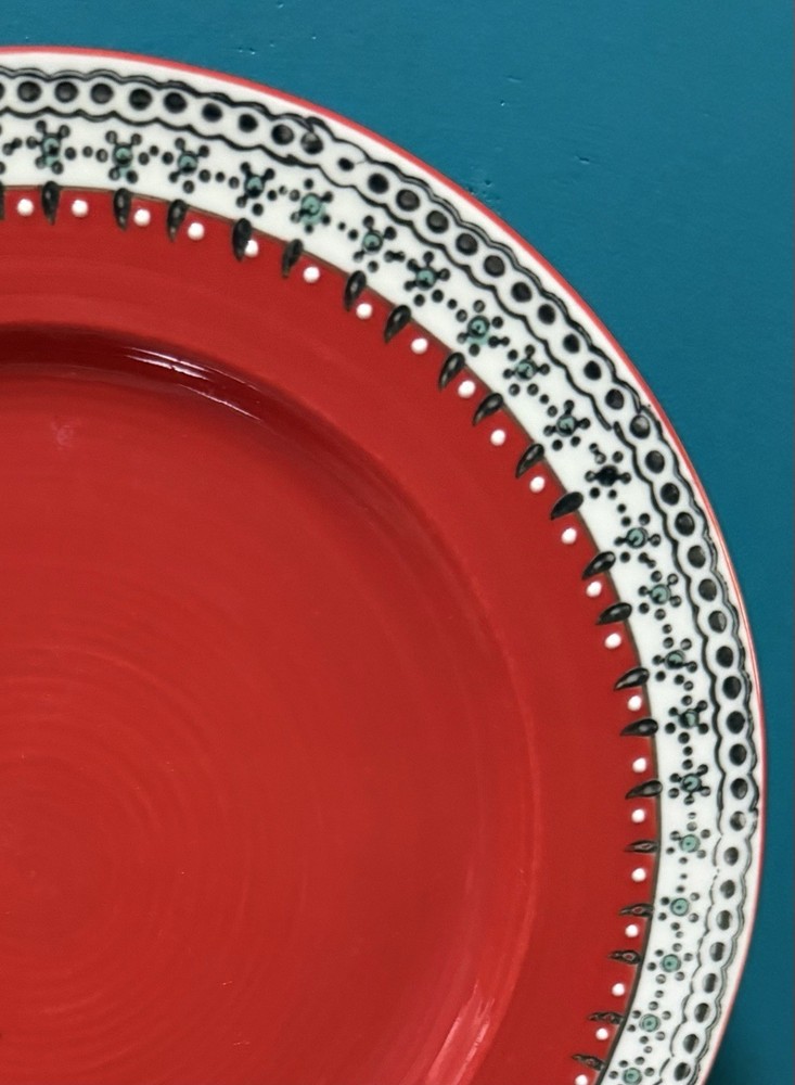 Three ANTHROPOLOGIE ELKA AYAKA Ceramic 10 1/4" DINNER PLATES RED EUC/ RET