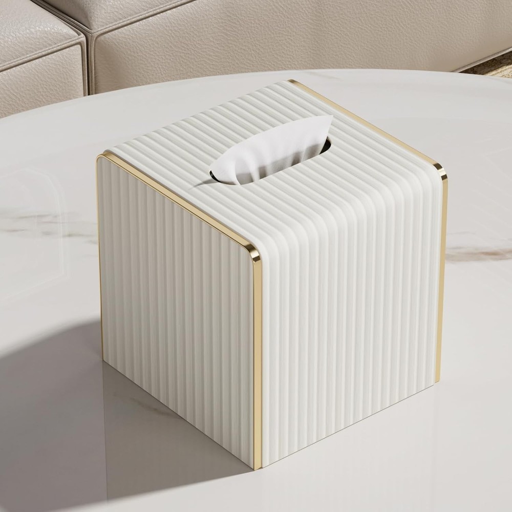 Leather Tissue Box Cover Square Modern Decor with Gold Edging