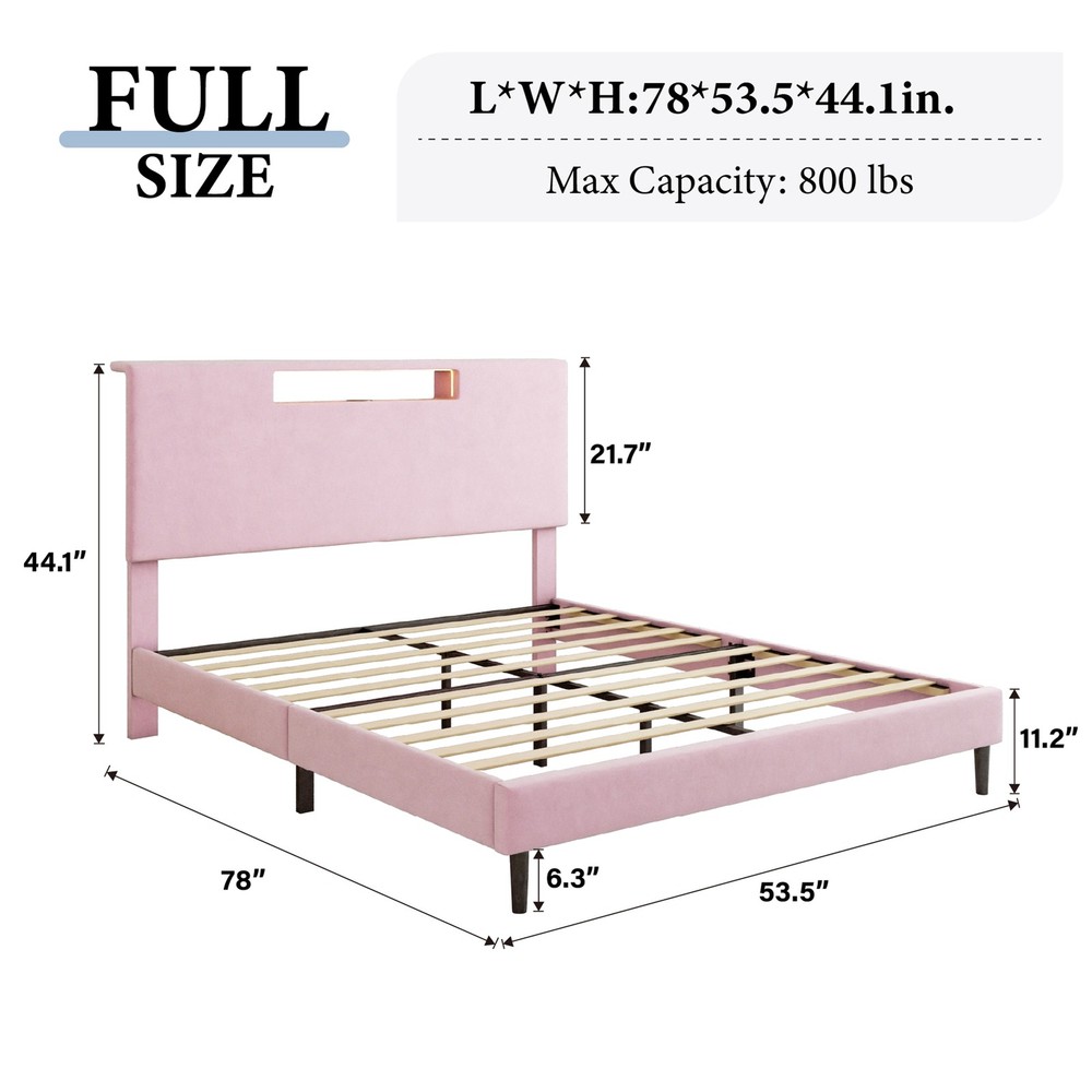 Wooden Bed Frame Full Slat Support Platform Bed With High Headboard LED Lights