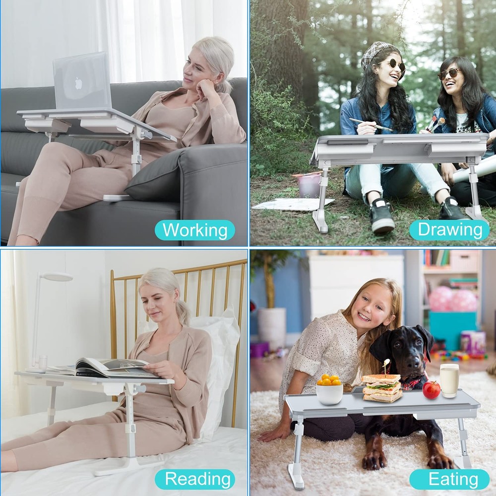 Foldable Adjustable Lap Desk for Bed with 2 Drawers - X-Large Grey