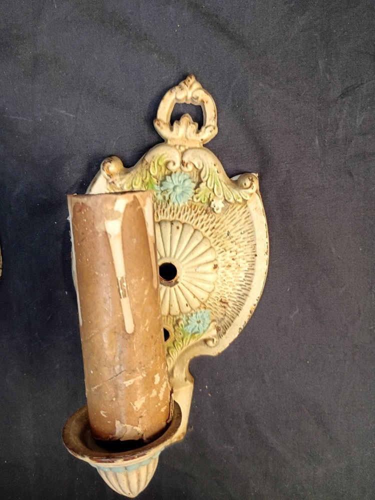 Antique Pair Single Arm Wall Sconces Original Paint Cast Iron