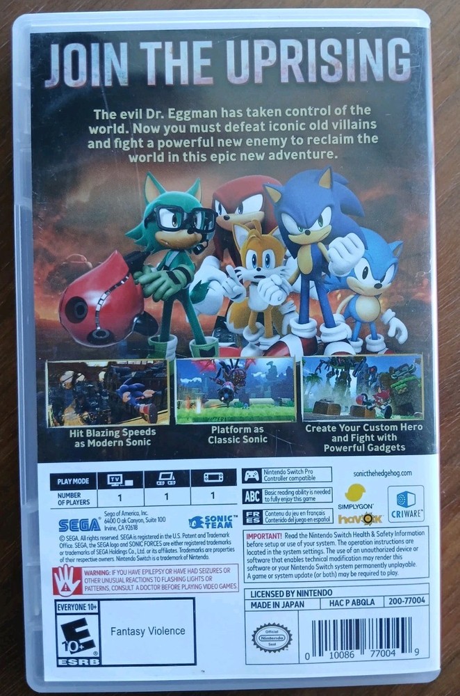 Replacement Case (NO GAME) Sonic Forces Nintendo Switch Artwork Original
