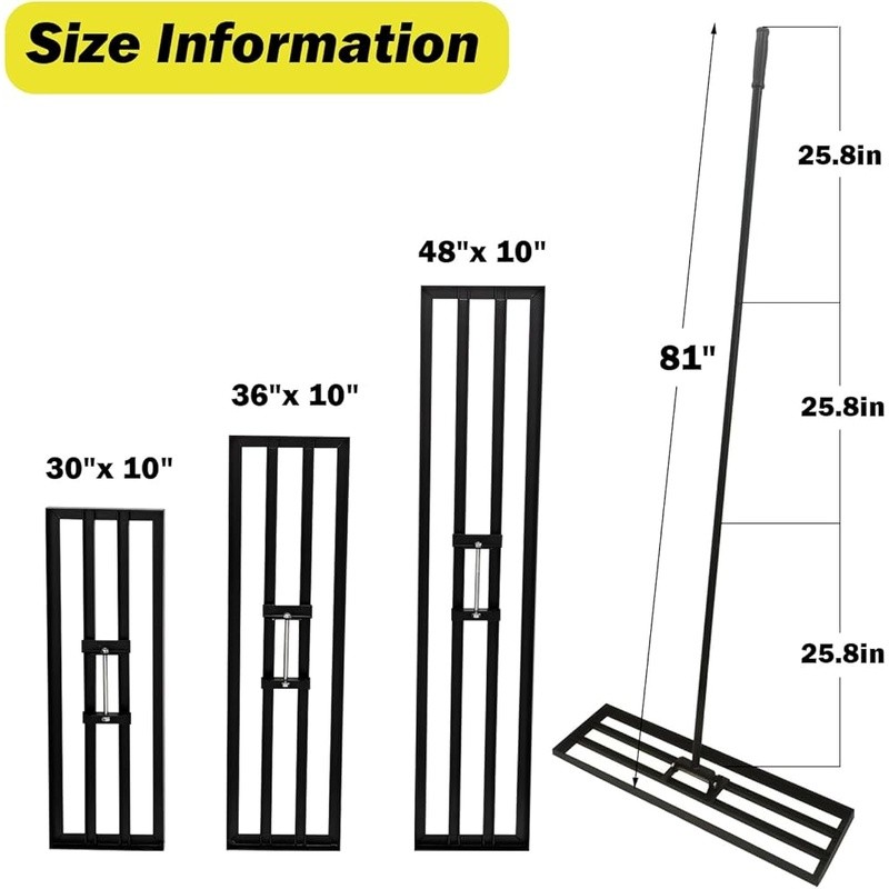 30x10 Lawn Leveling Rake High Carbon Steel Adjustable Handle Multi-Surface Tool