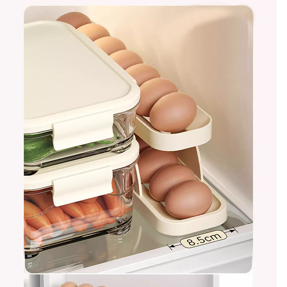 Rolldown Refrigerator Egg Dispenser Auto Rolling Egg Holder 2 Tiers Storage Rack