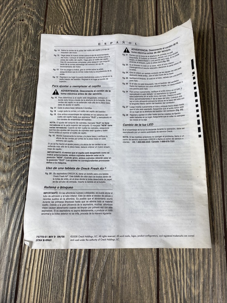 Oreck XL U4120H2 Replacement Piece Part Users Guide