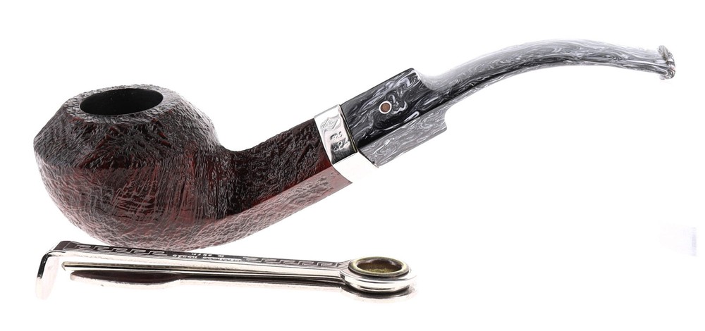 Pipe ASHTON BRINDLE XX brown sandblasted shape half bent rhodesian silver ring