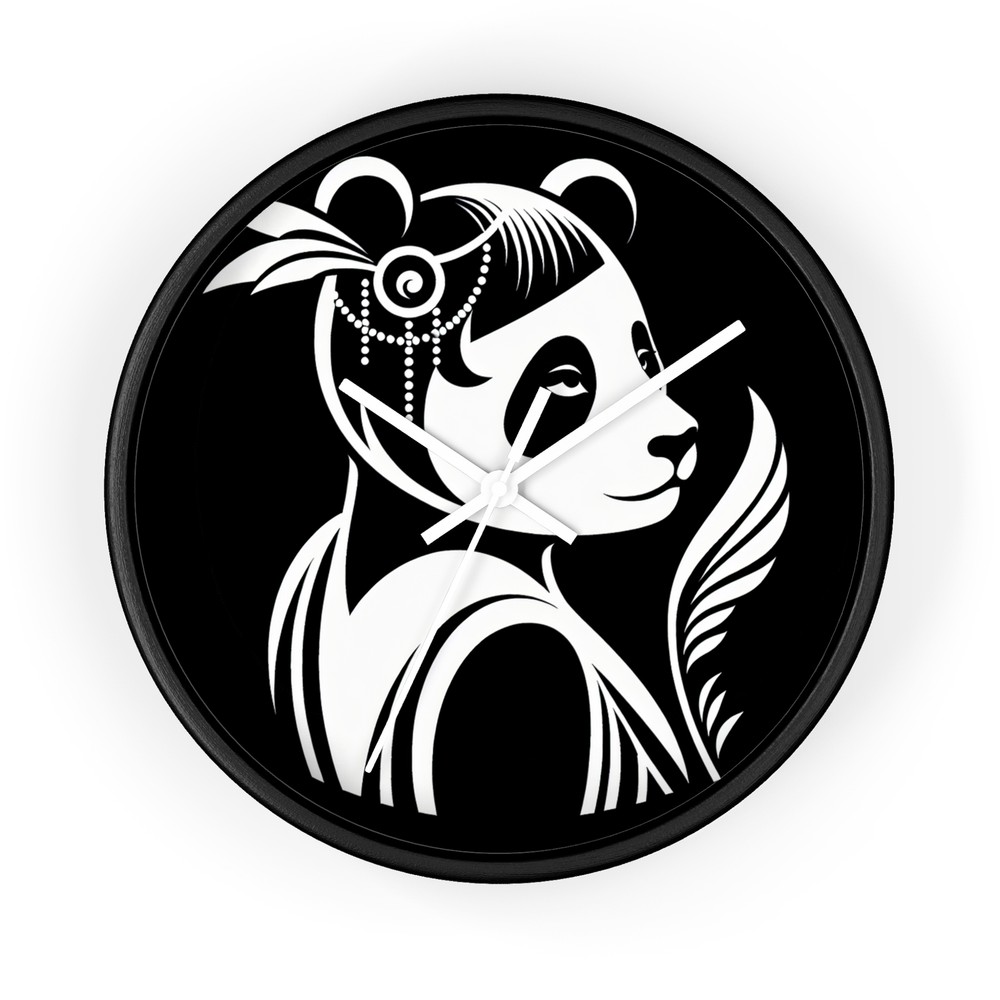 Home Decor Wall Clock Art Deco Stylized Panda Illustration Black White Classy