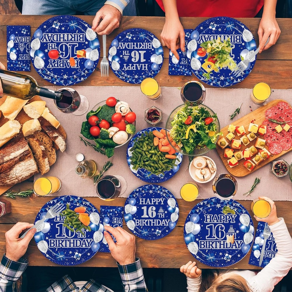 96-piece 16th birthday party tableware set, blue and silver theme